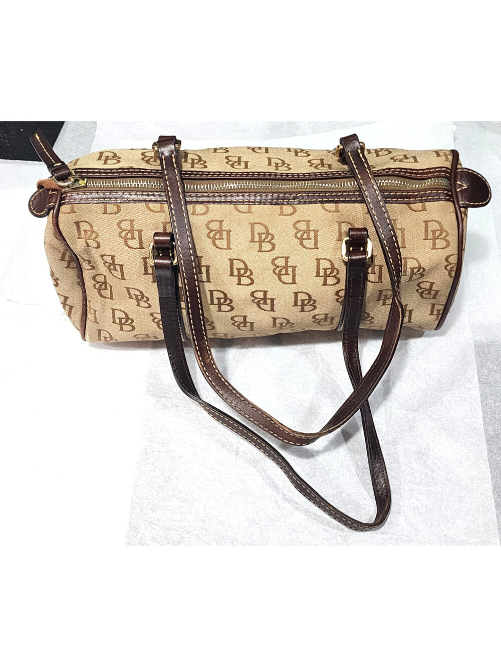 Dooney Bourke Monogram Signature Canvas Barrel Shoulder Bag Y2K Duffel Handbag